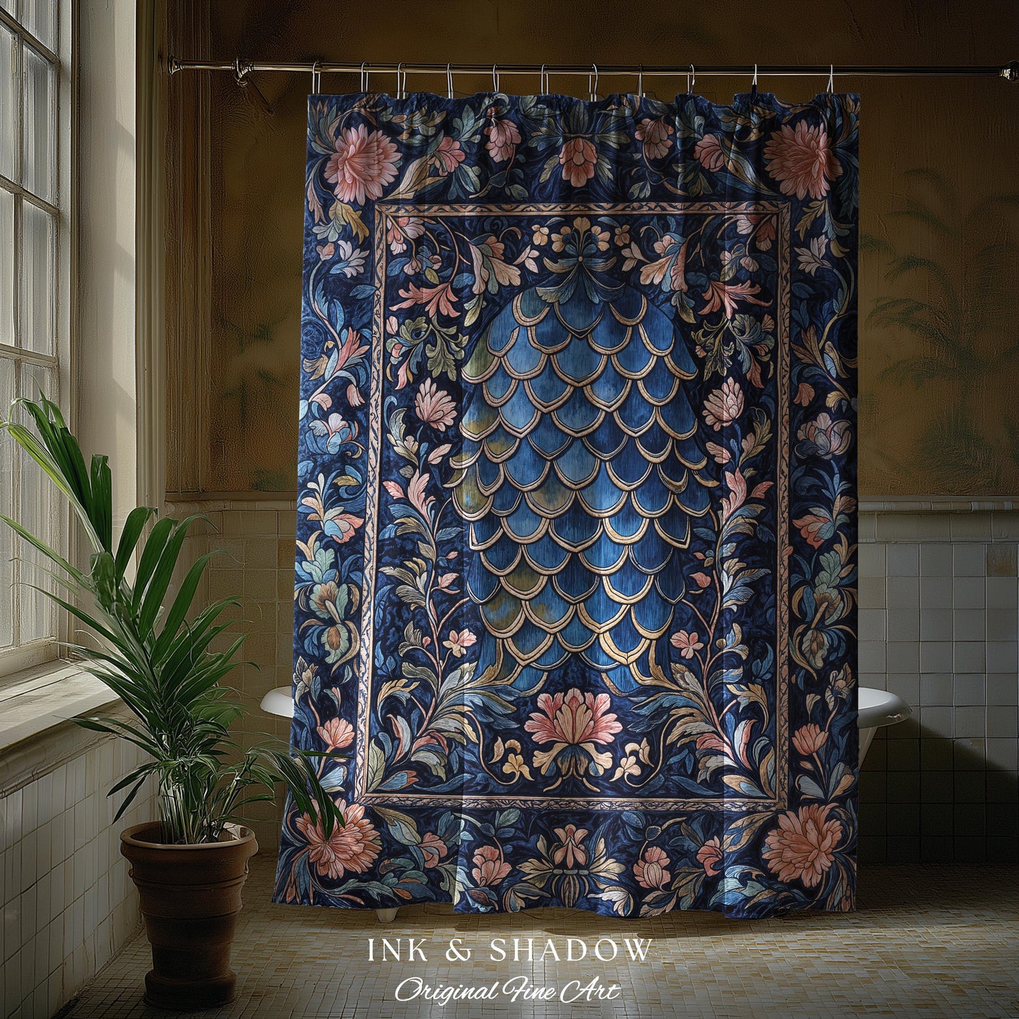 Mystic Academia Dragon Scale Shower Curtain | Whimsigothic Elegance Ornate Baroque Navy Blue Bathroom Fairytale Floral Home Decor Gothic |