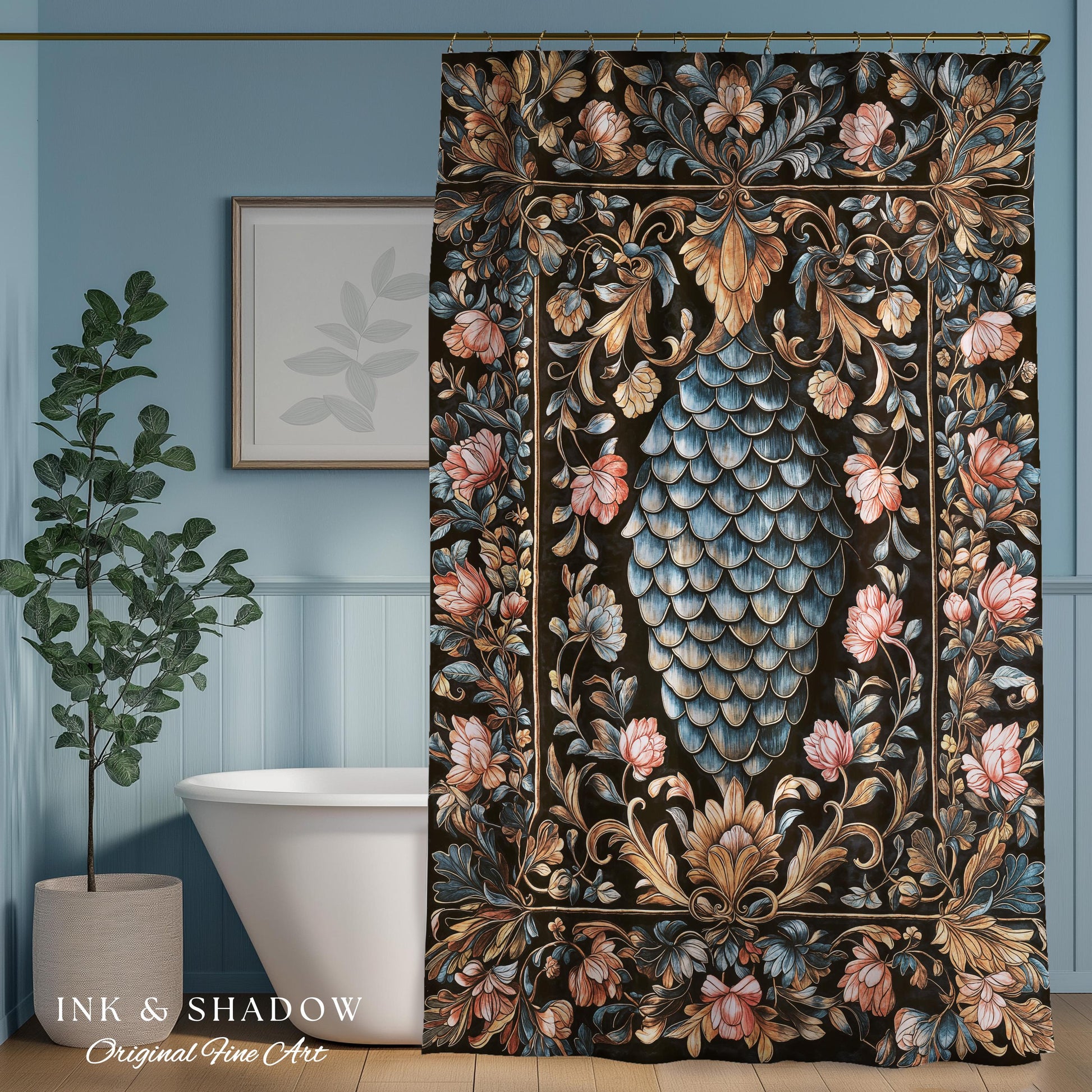 Book Nook Elegant Dragon Scale Shower Curtain | Whimsical Ornate Victorian Pastel Bathroom Dark Academia Moody Botanical Coquette Aesthetic