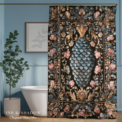 Book Nook Elegant Dragon Scale Shower Curtain | Whimsical Ornate Victorian Pastel Bathroom Dark Academia Moody Botanical Coquette Aesthetic