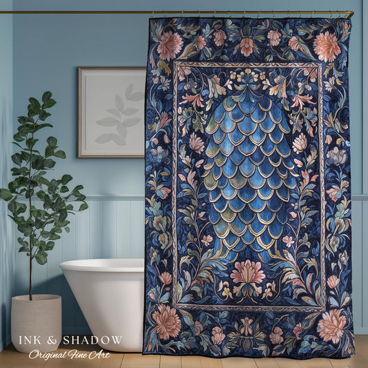 Mystic Academia Dragon Scale Shower Curtain | Whimsigothic Elegance Ornate Baroque Navy Blue Bathroom Fairytale Floral Home Decor Gothic |