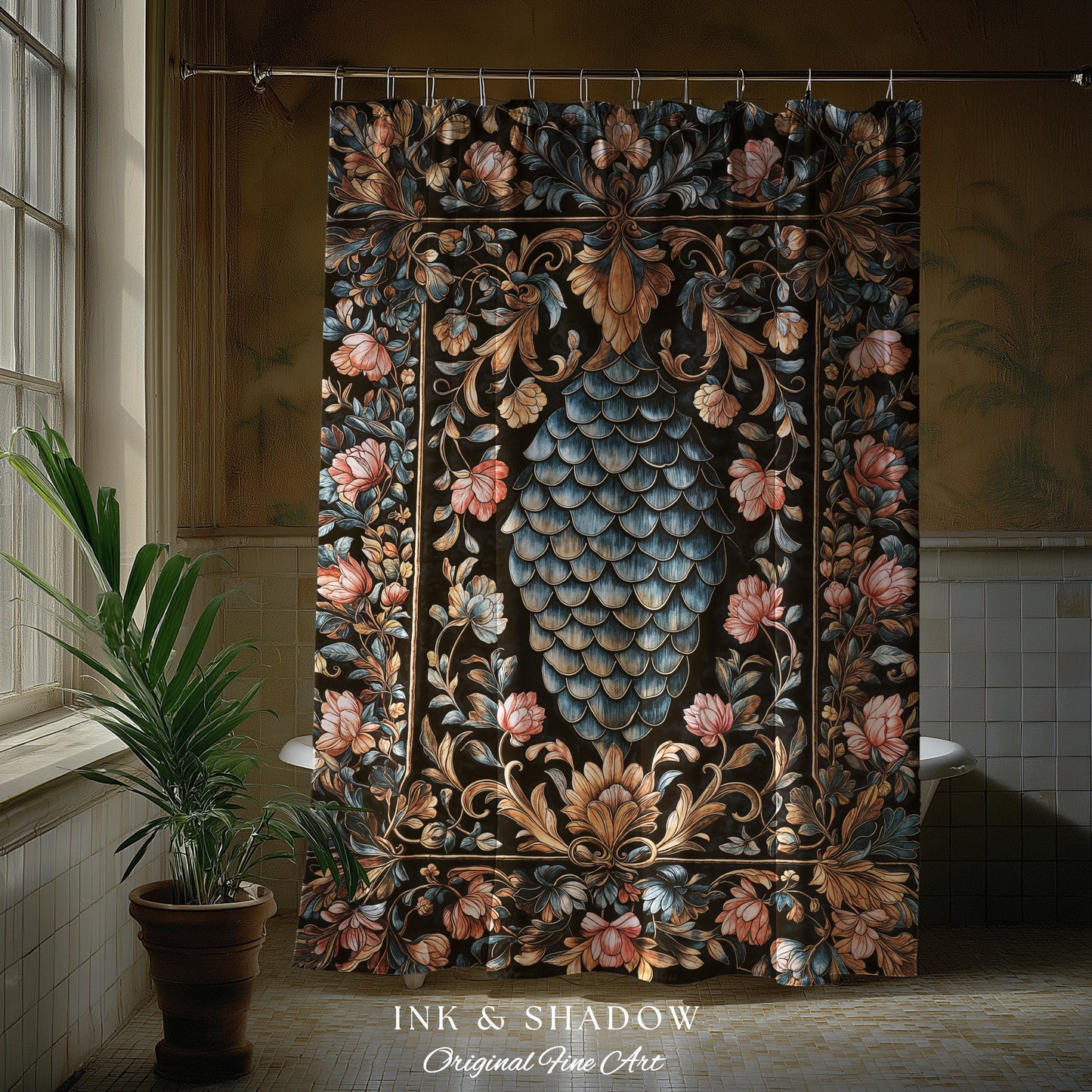 Book Nook Elegant Dragon Scale Shower Curtain | Whimsical Ornate Victorian Pastel Bathroom Dark Academia Moody Botanical Coquette Aesthetic