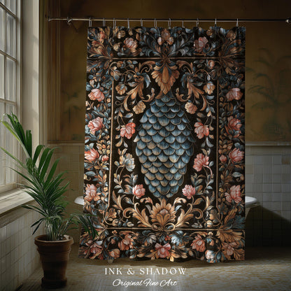 Book Nook Elegant Dragon Scale Shower Curtain | Whimsical Ornate Victorian Pastel Bathroom Dark Academia Moody Botanical Coquette Aesthetic