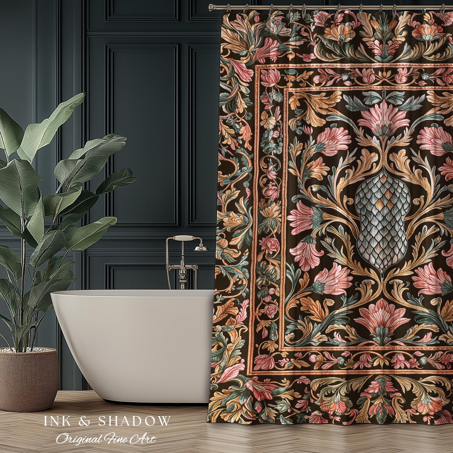 Princess Pink Ornate Shower Curtain | Storybook Elegance Pastel Whimsical Bathroom Accent Dragon Scale Fantasy Coquette Princesscore Design