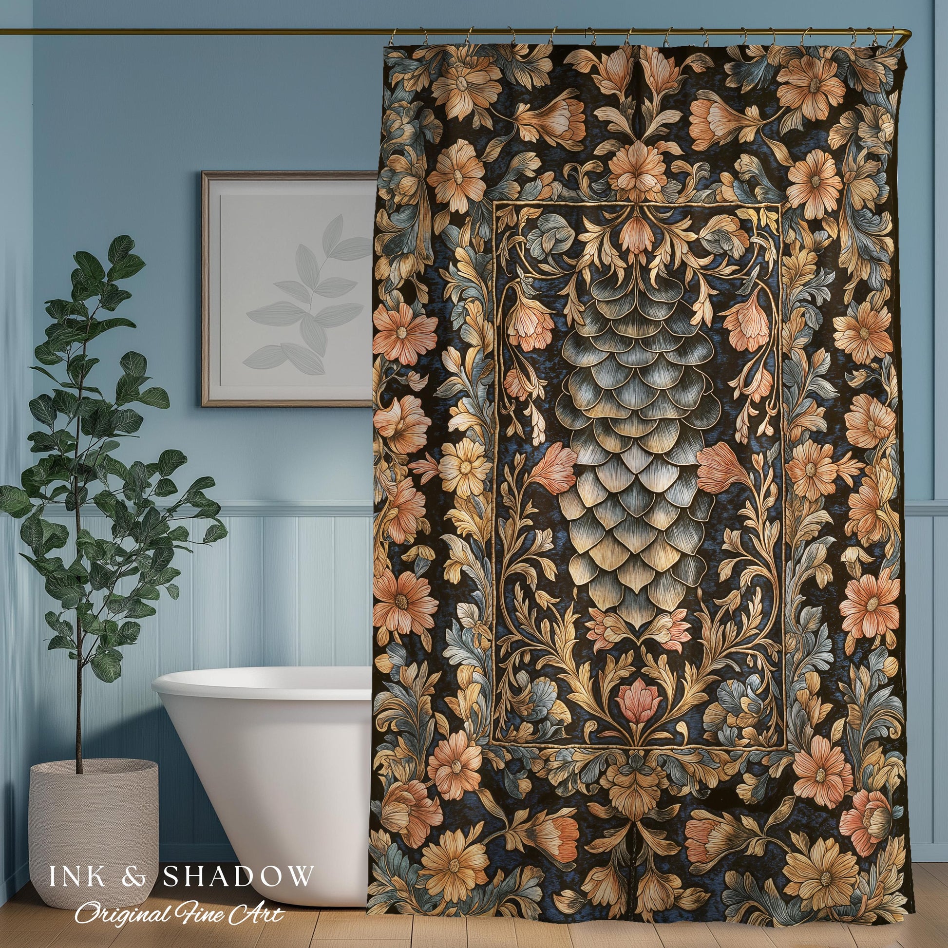 Peachy Florals Soft Aesthetic Shower Curtain | Pastel Fairycore Bathroom Princesscore Dragon Scales Decorative Cottagegoth Book Nook Style