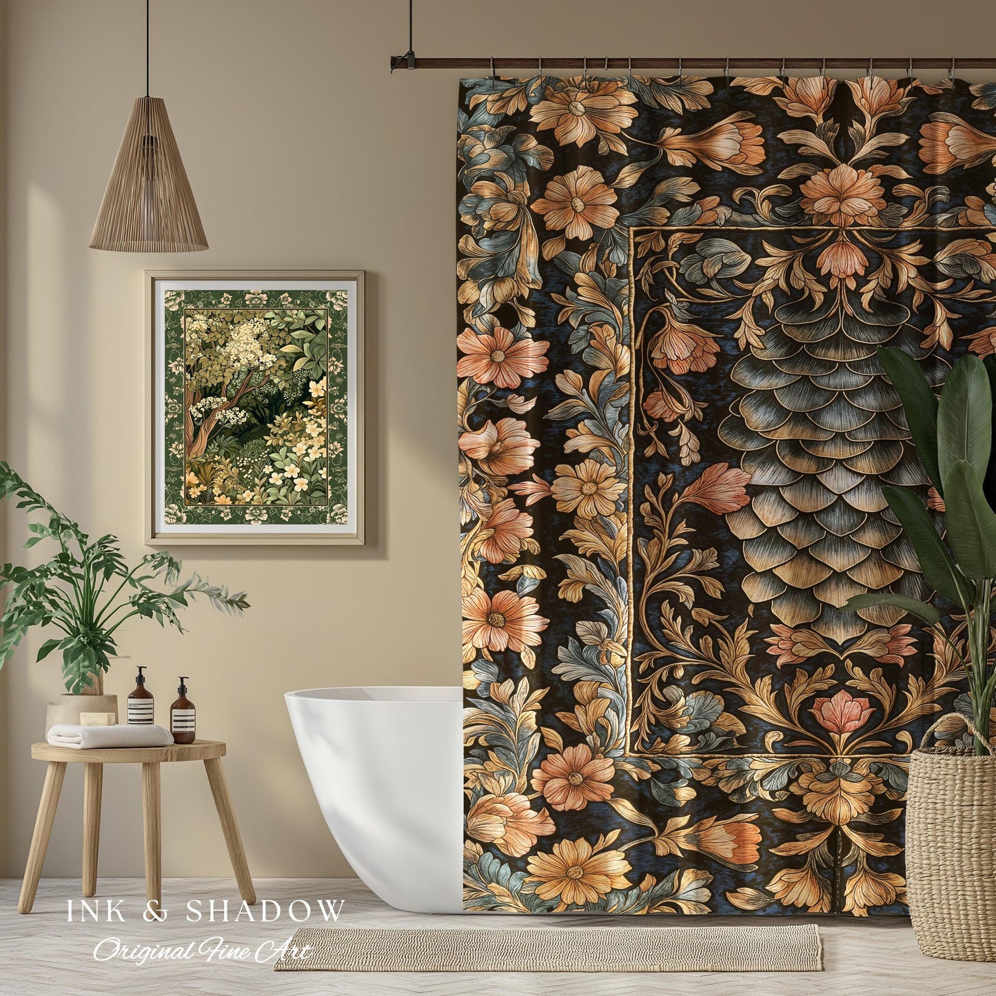 Peachy Florals Soft Aesthetic Shower Curtain | Pastel Fairycore Bathroom Princesscore Dragon Scales Decorative Cottagegoth Book Nook Style