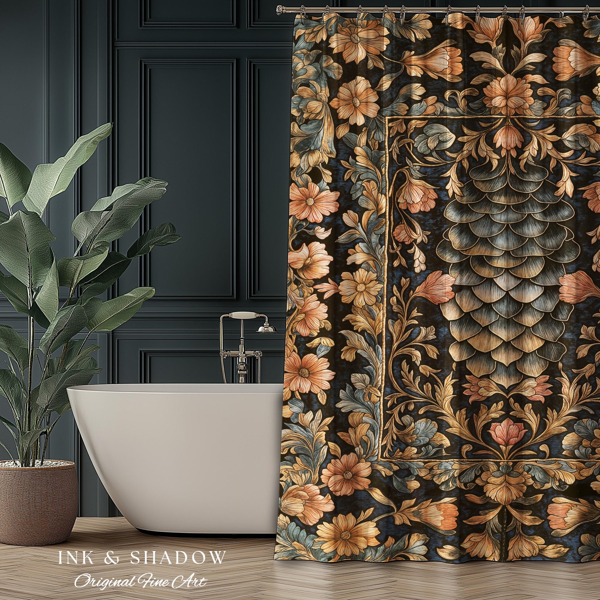 Peachy Florals Soft Aesthetic Shower Curtain | Pastel Fairycore Bathroom Princesscore Dragon Scales Decorative Cottagegoth Book Nook Style