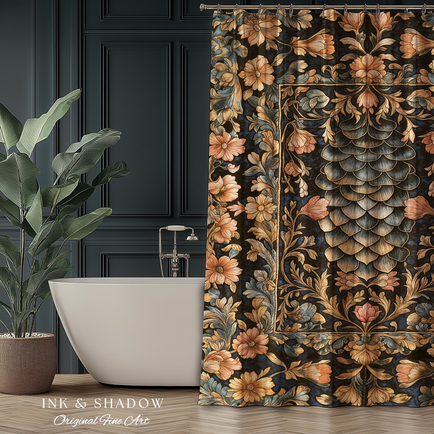 Peachy Florals Soft Aesthetic Shower Curtain | Pastel Fairycore Bathroom Princesscore Dragon Scales Decorative Cottagegoth Book Nook Style