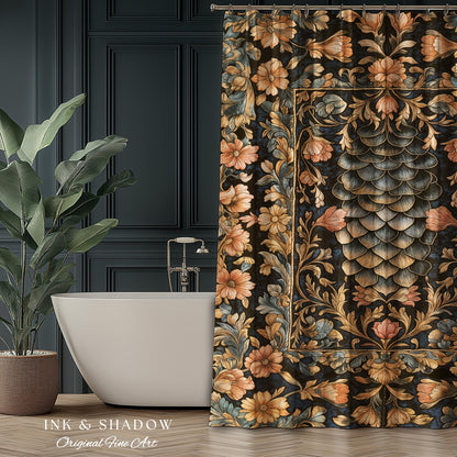 Peachy Florals Soft Aesthetic Shower Curtain | Pastel Fairycore Bathroom Princesscore Dragon Scales Decorative Cottagegoth Book Nook Style