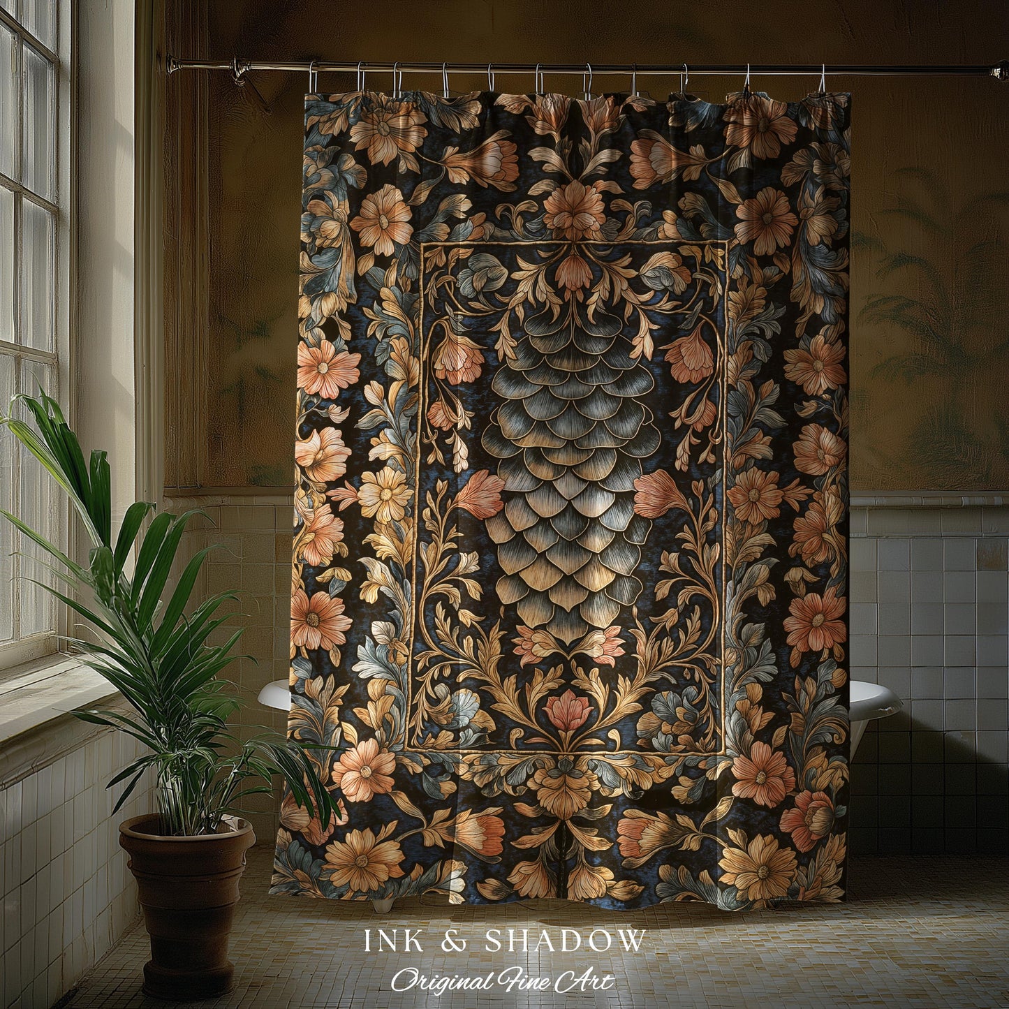 Peachy Florals Soft Aesthetic Shower Curtain | Pastel Fairycore Bathroom Princesscore Dragon Scales Decorative Cottagegoth Book Nook Style