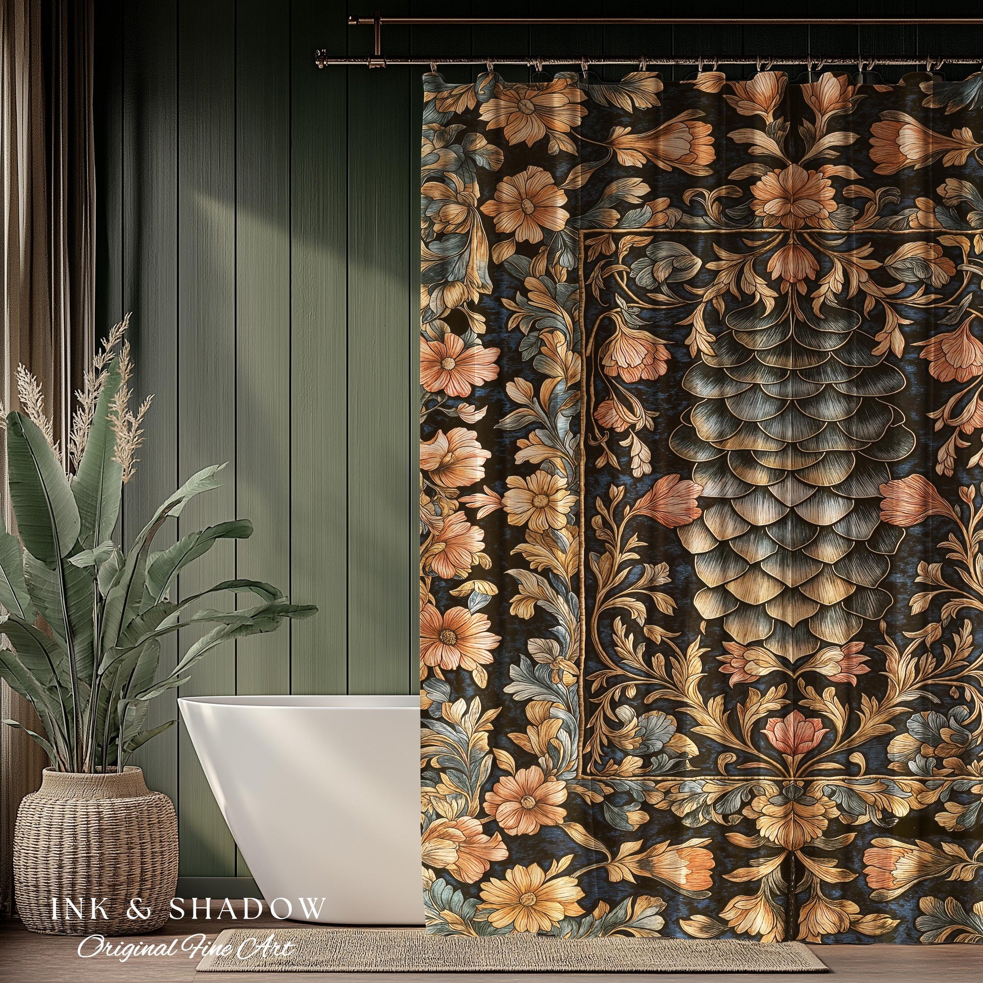 Peachy Florals Soft Aesthetic Shower Curtain | Pastel Fairycore Bathroom Princesscore Dragon Scales Decorative Cottagegoth Book Nook Style
