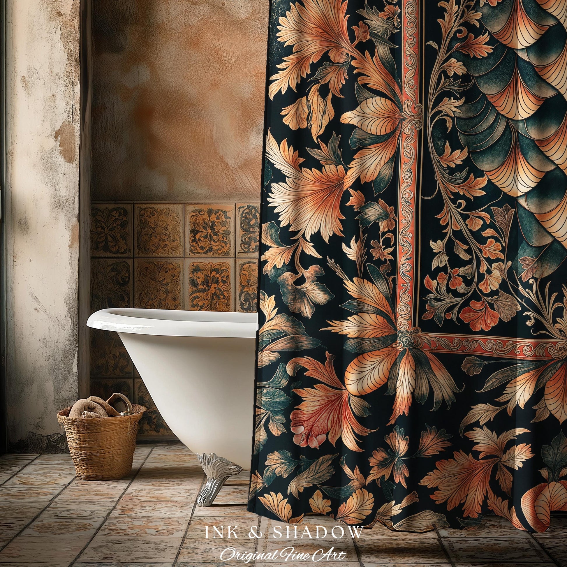 Royal Elegance Rococo Shower Curtain | Medieval Magic Ethereal Pastel Storybook Bathroom Decor Victorian Dragon Scales Decorative Eclectic |