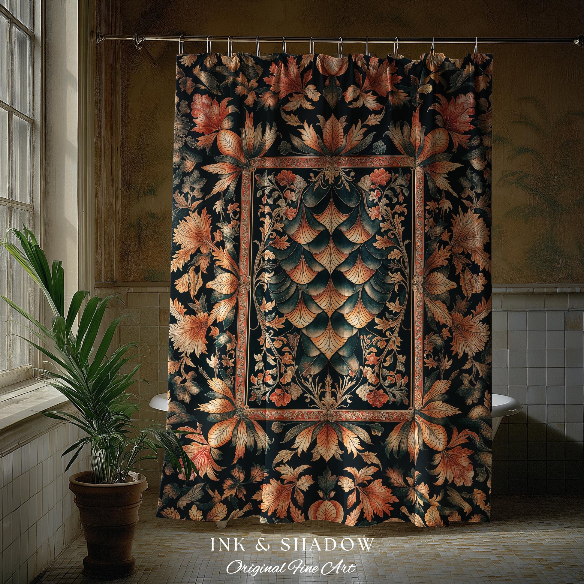 Royal Elegance Rococo Shower Curtain | Medieval Magic Ethereal Pastel Storybook Bathroom Decor Victorian Dragon Scales Decorative Eclectic |