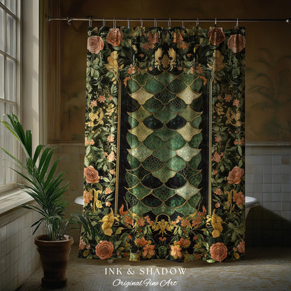 Dark Magic Dragon Scale Shower Curtain | Fantasy Aesthetic Sage Green Decorative Cottagegoth Medieval Bathroom Decor Book Nook Academia |