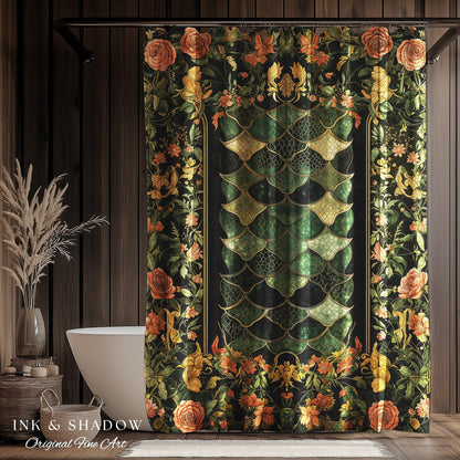 Dark Magic Dragon Scale Shower Curtain | Fantasy Aesthetic Sage Green Decorative Cottagegoth Medieval Bathroom Decor Book Nook Academia |
