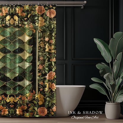 Dark Magic Dragon Scale Shower Curtain | Fantasy Aesthetic Sage Green Decorative Cottagegoth Medieval Bathroom Decor Book Nook Academia |