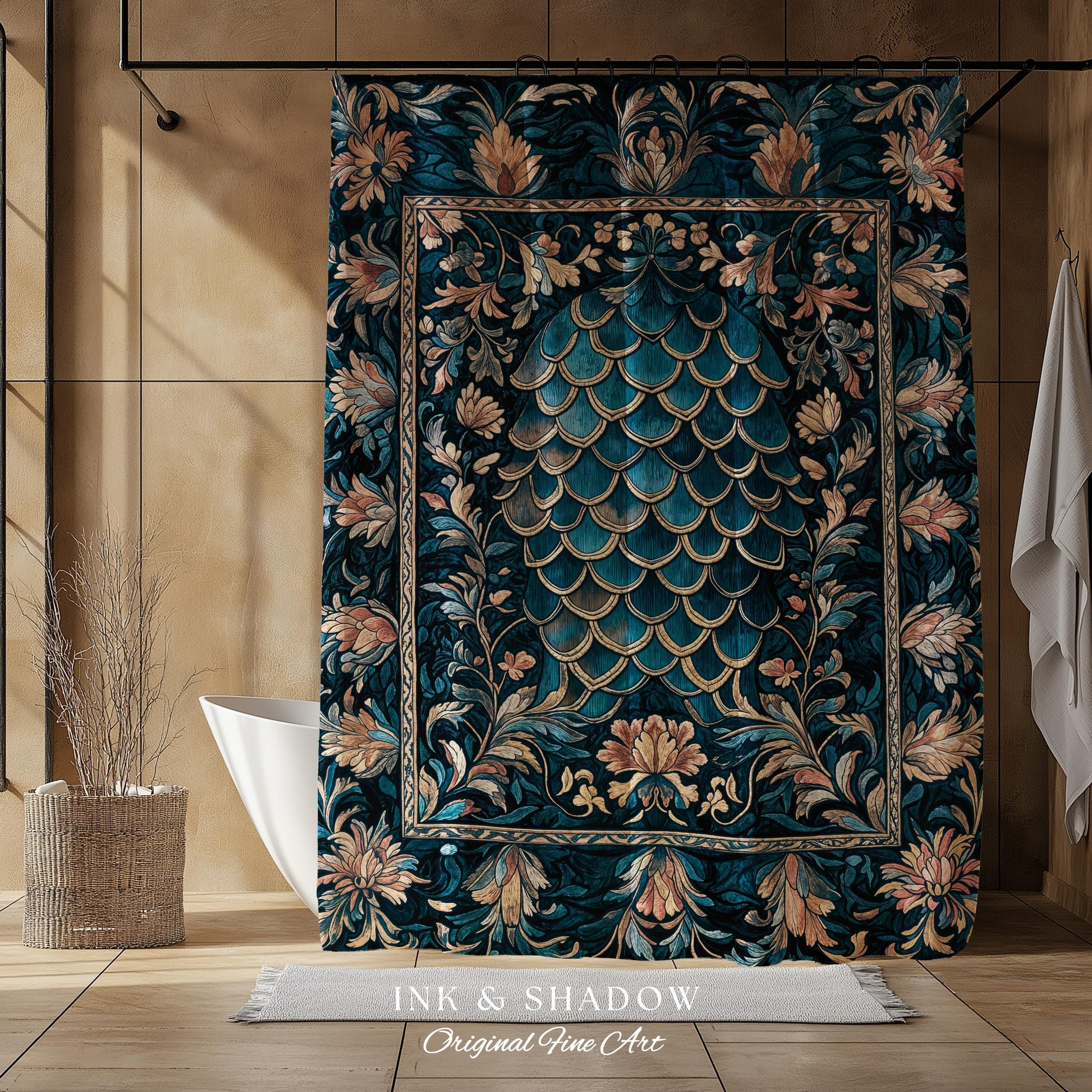 Midnight Navy Royal Shower Curtain | Dragon Scale Art Deco Eclectic Ornate Bathroom Accent Dark Academia Maximalist Floral Fantasy Gothic |