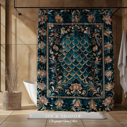 Midnight Navy Royal Shower Curtain | Dragon Scale Art Deco Eclectic Ornate Bathroom Accent Dark Academia Maximalist Floral Fantasy Gothic |