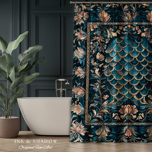 Midnight Navy Royal Shower Curtain | Dragon Scale Art Deco Eclectic Ornate Bathroom Accent Dark Academia Maximalist Floral Fantasy Gothic |