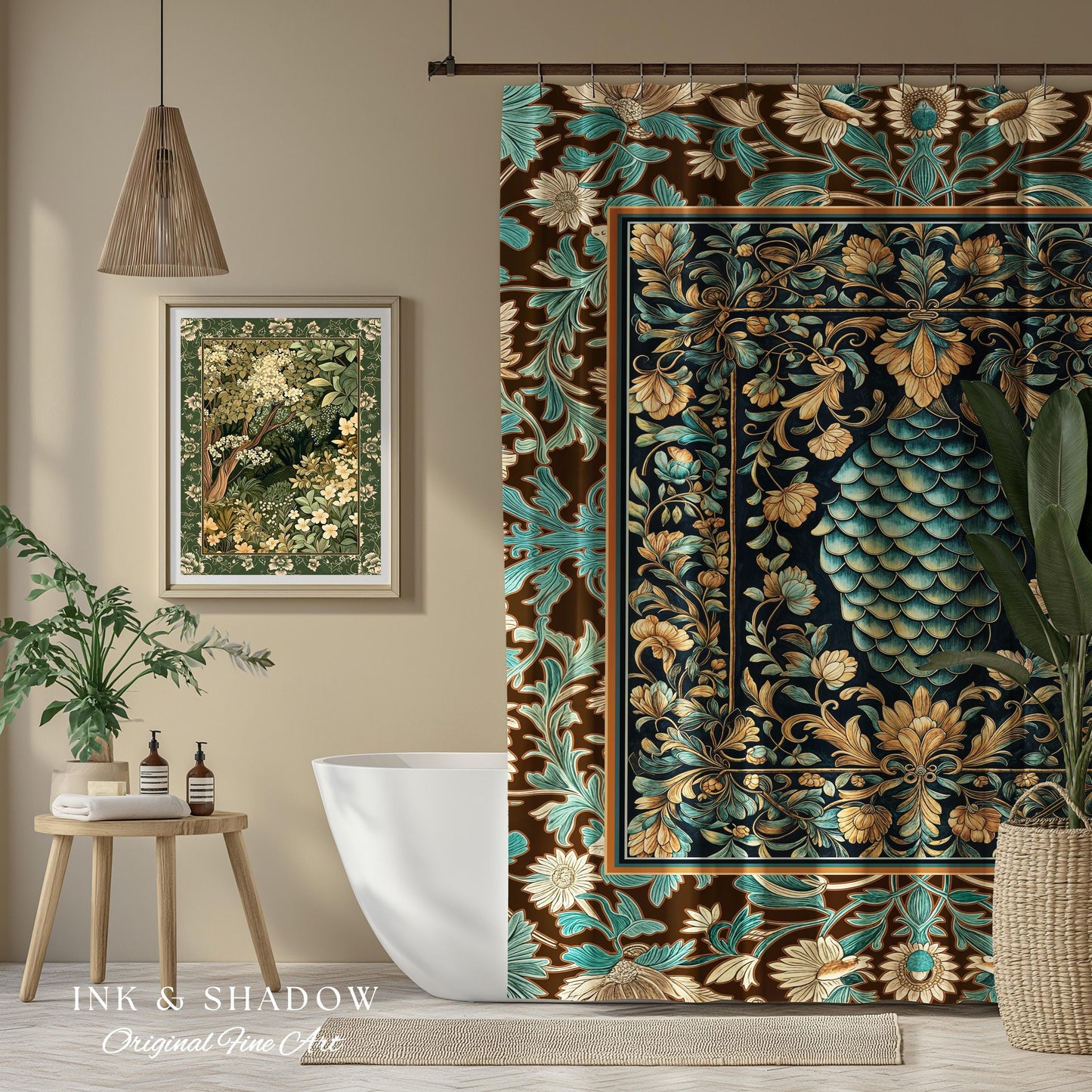Soft Teal Castlecore Shower Curtain | Fairy Pastel Ornate Gothic Dragon Scale Fantasy Bathroom Rustic Knightcore Medieval Victorian Decor |