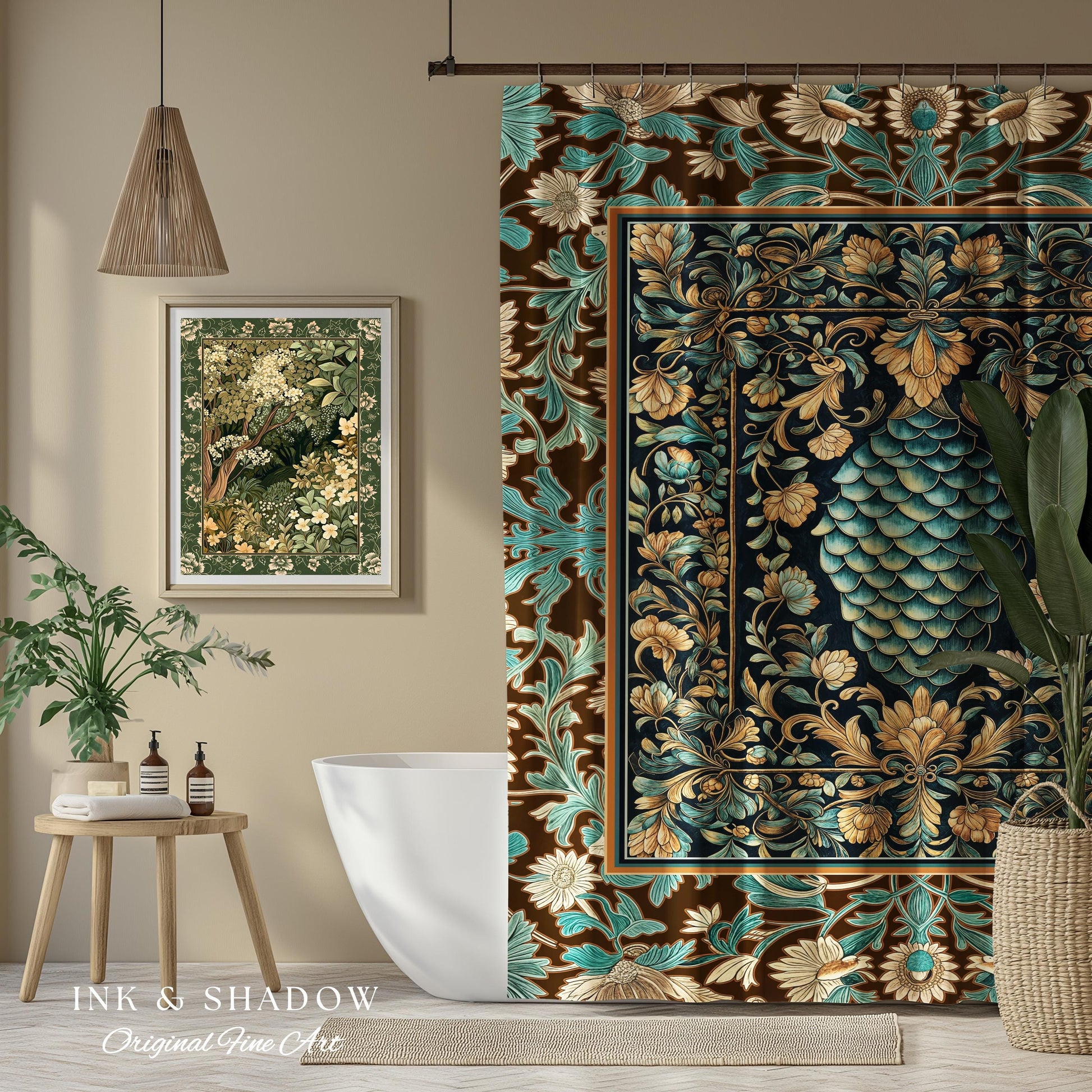 Soft Teal Castlecore Shower Curtain | Fairy Pastel Ornate Gothic Dragon Scale Fantasy Bathroom Rustic Knightcore Medieval Victorian Decor |