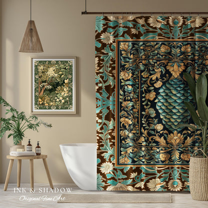 Soft Teal Castlecore Shower Curtain | Fairy Pastel Ornate Gothic Dragon Scale Fantasy Bathroom Rustic Knightcore Medieval Victorian Decor |