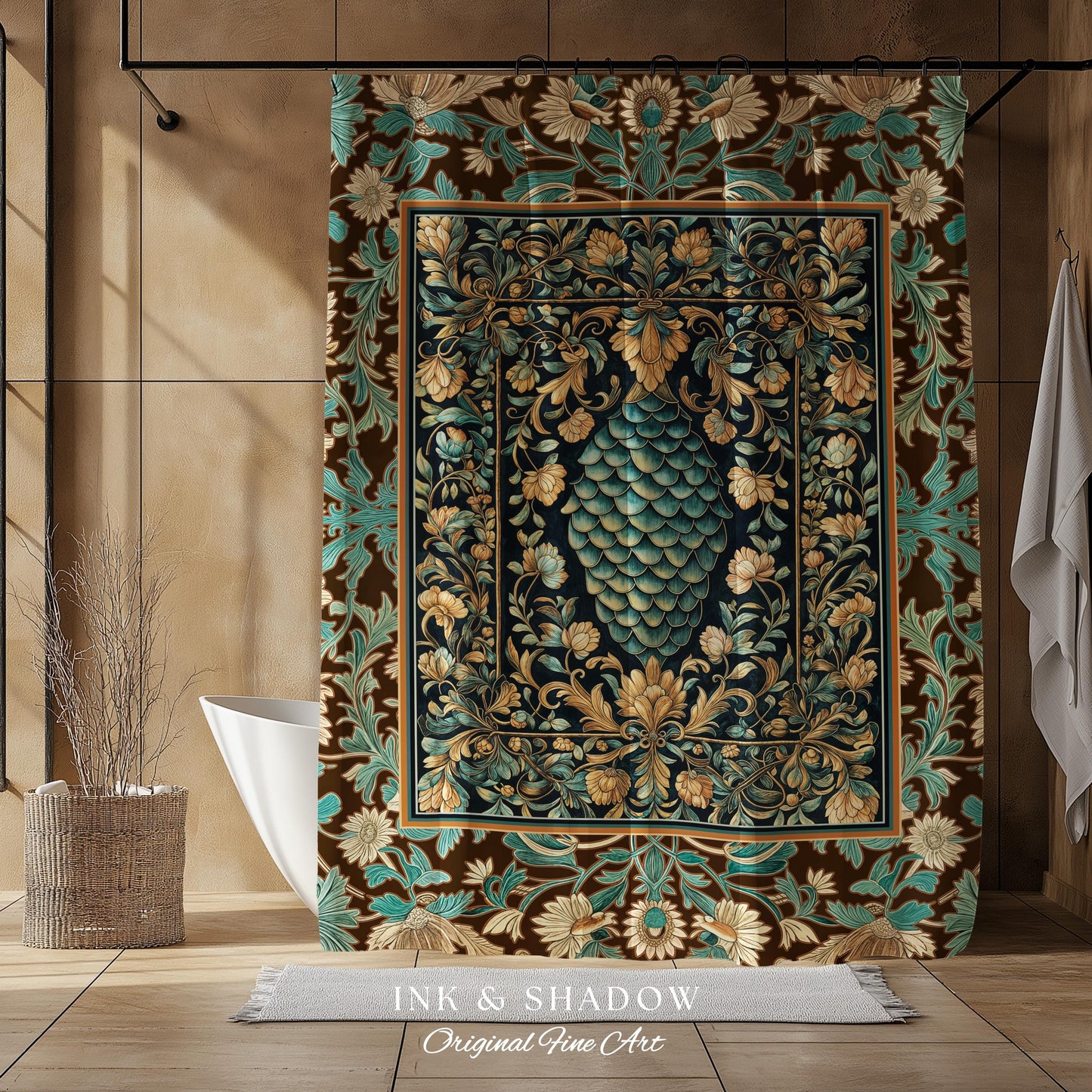 Soft Teal Castlecore Shower Curtain | Fairy Pastel Ornate Gothic Dragon Scale Fantasy Bathroom Rustic Knightcore Medieval Victorian Decor |