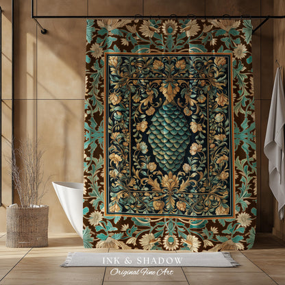 Soft Teal Castlecore Shower Curtain | Fairy Pastel Ornate Gothic Dragon Scale Fantasy Bathroom Rustic Knightcore Medieval Victorian Decor |