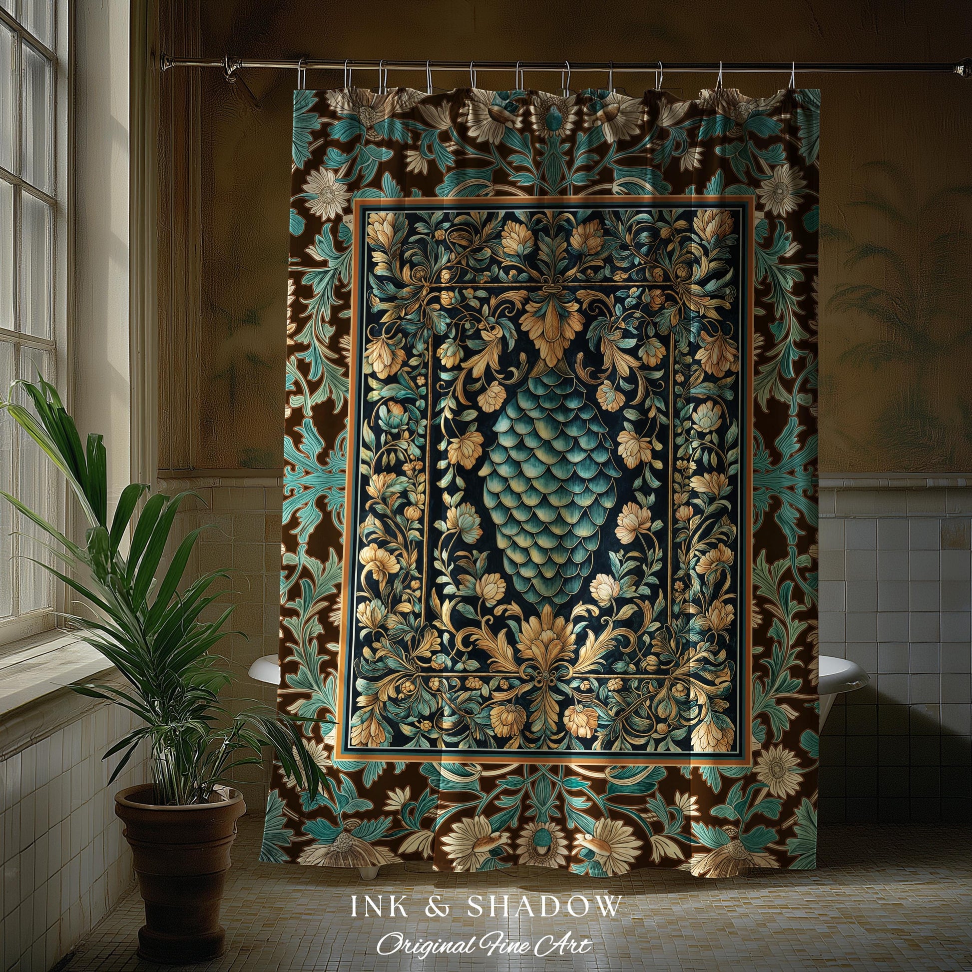 Soft Teal Castlecore Shower Curtain | Fairy Pastel Ornate Gothic Dragon Scale Fantasy Bathroom Rustic Knightcore Medieval Victorian Decor |