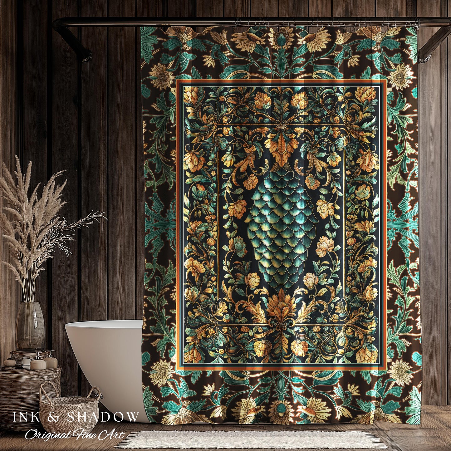 Soft Teal Castlecore Shower Curtain | Fairy Pastel Ornate Gothic Dragon Scale Fantasy Bathroom Rustic Knightcore Medieval Victorian Decor |