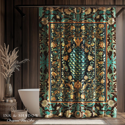 Soft Teal Castlecore Shower Curtain | Fairy Pastel Ornate Gothic Dragon Scale Fantasy Bathroom Rustic Knightcore Medieval Victorian Decor |
