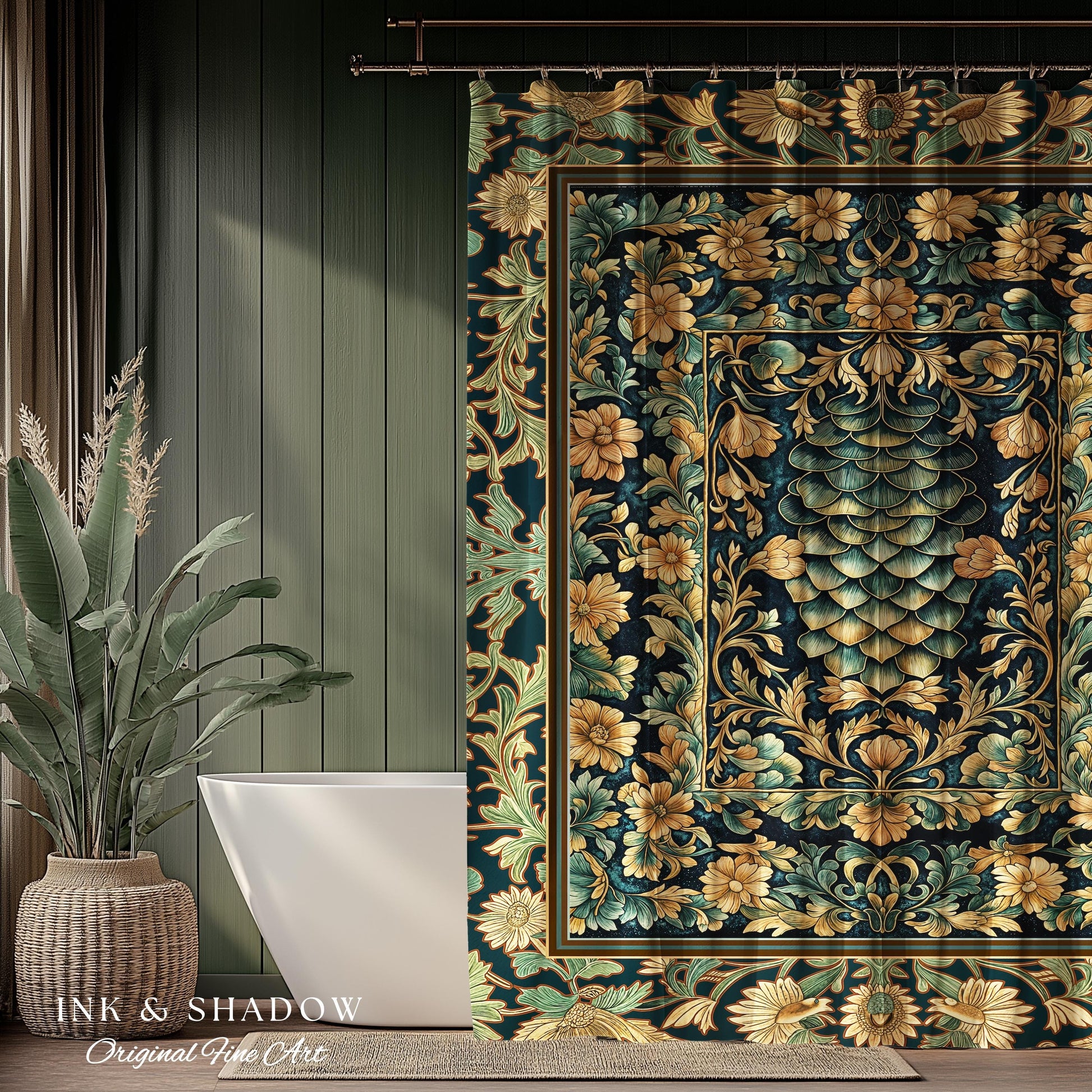 Medieval Maximalist Ethereal Shower Curtain | Soft Pastel Castlecore Bathroom Fairy Grunge Ornate Dragon Scale Rustic Victorian Style Decor