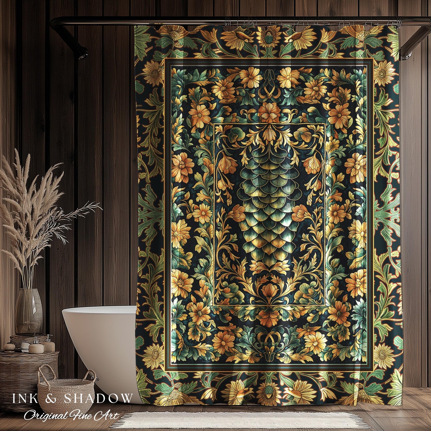 Medieval Maximalist Ethereal Shower Curtain | Soft Pastel Castlecore Bathroom Fairy Grunge Ornate Dragon Scale Rustic Victorian Style Decor