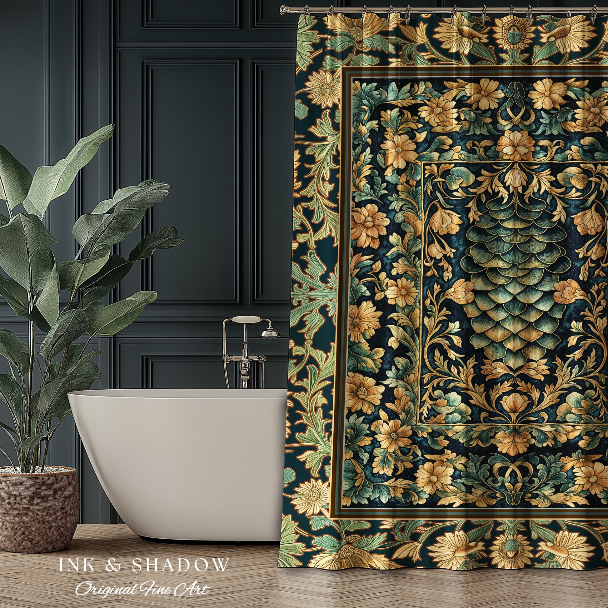 Medieval Maximalist Ethereal Shower Curtain | Soft Pastel Castlecore Bathroom Fairy Grunge Ornate Dragon Scale Rustic Victorian Style Decor