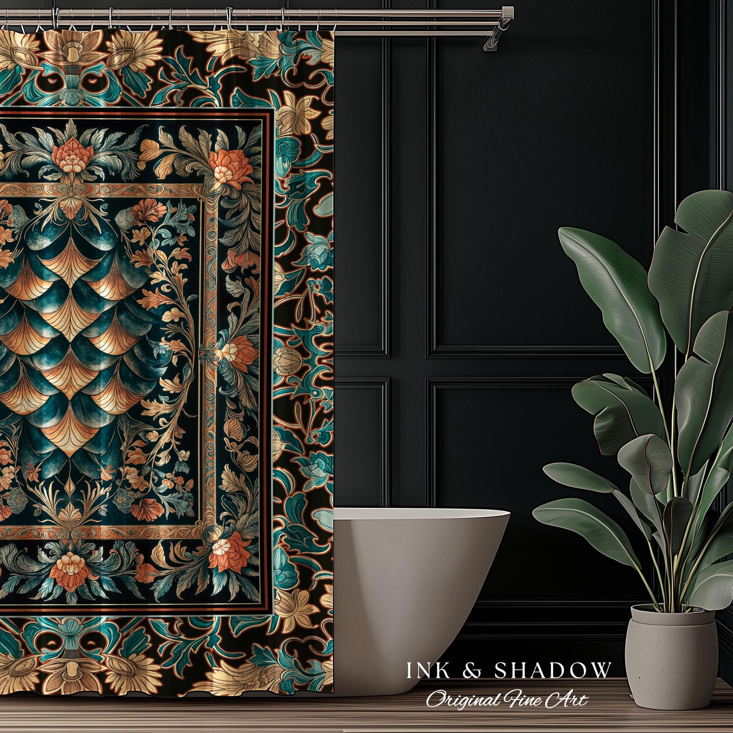 Art Deco Ornate Shower Curtain | Dark Academia Baroque Floral Bathroom Maximalist Floral Eclectic Medieval Colorful Dragon Scales Design |