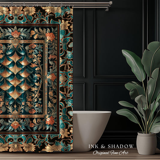 Art Deco Ornate Shower Curtain | Dark Academia Baroque Floral Bathroom Maximalist Floral Eclectic Medieval Colorful Dragon Scales Design |