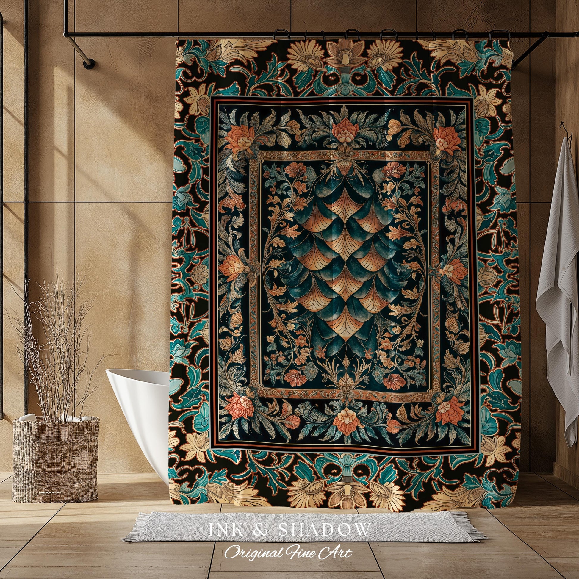 Art Deco Ornate Shower Curtain | Dark Academia Baroque Floral Bathroom Maximalist Floral Eclectic Medieval Colorful Dragon Scales Design |
