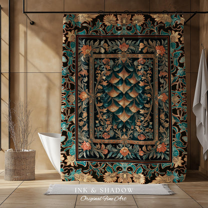 Art Deco Ornate Shower Curtain | Dark Academia Baroque Floral Bathroom Maximalist Floral Eclectic Medieval Colorful Dragon Scales Design |