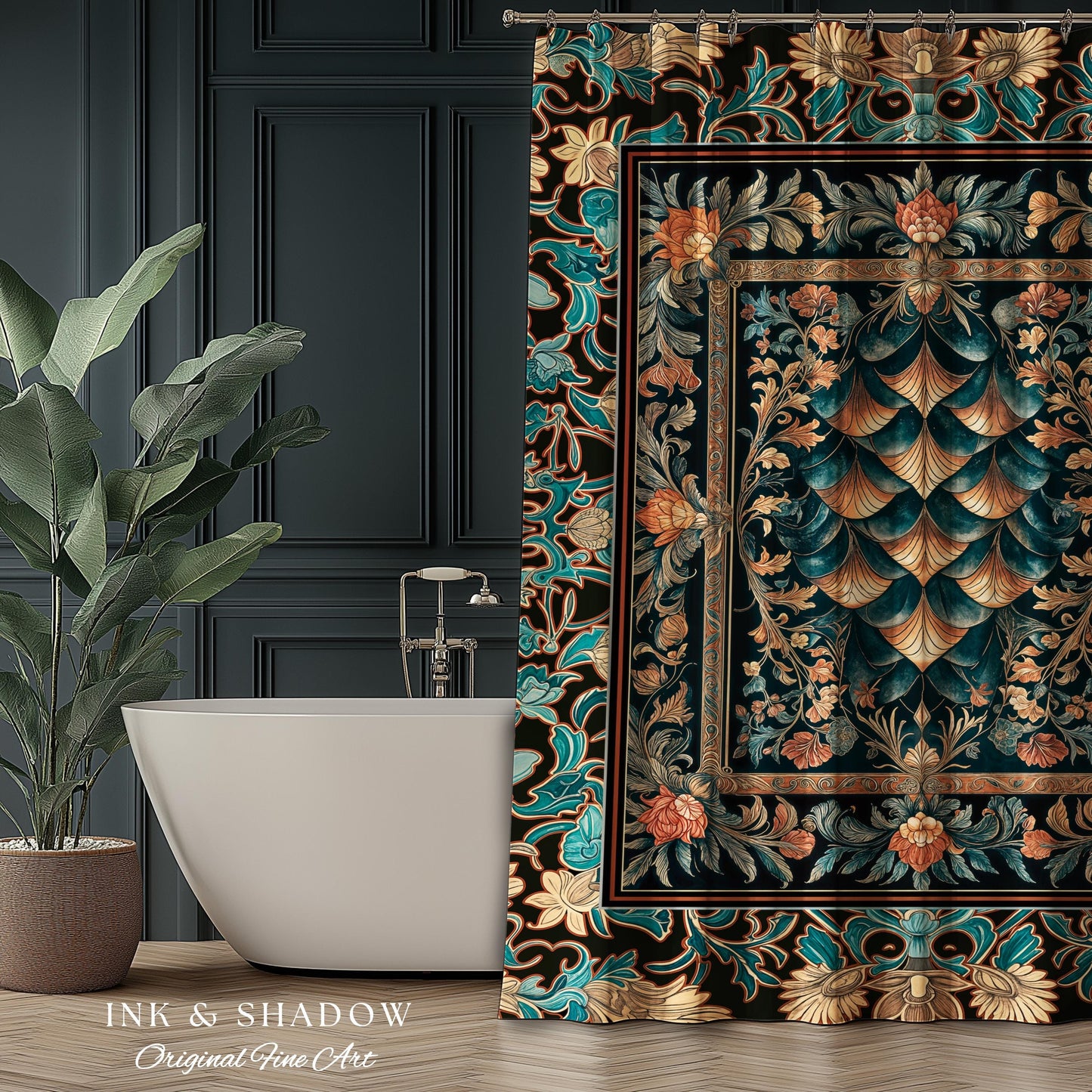 Art Deco Ornate Shower Curtain | Dark Academia Baroque Floral Bathroom Maximalist Floral Eclectic Medieval Colorful Dragon Scales Design |