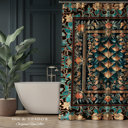 Art Deco Ornate Shower Curtain | Dark Academia Baroque Floral Bathroom Maximalist Floral Eclectic Medieval Colorful Dragon Scales Design |