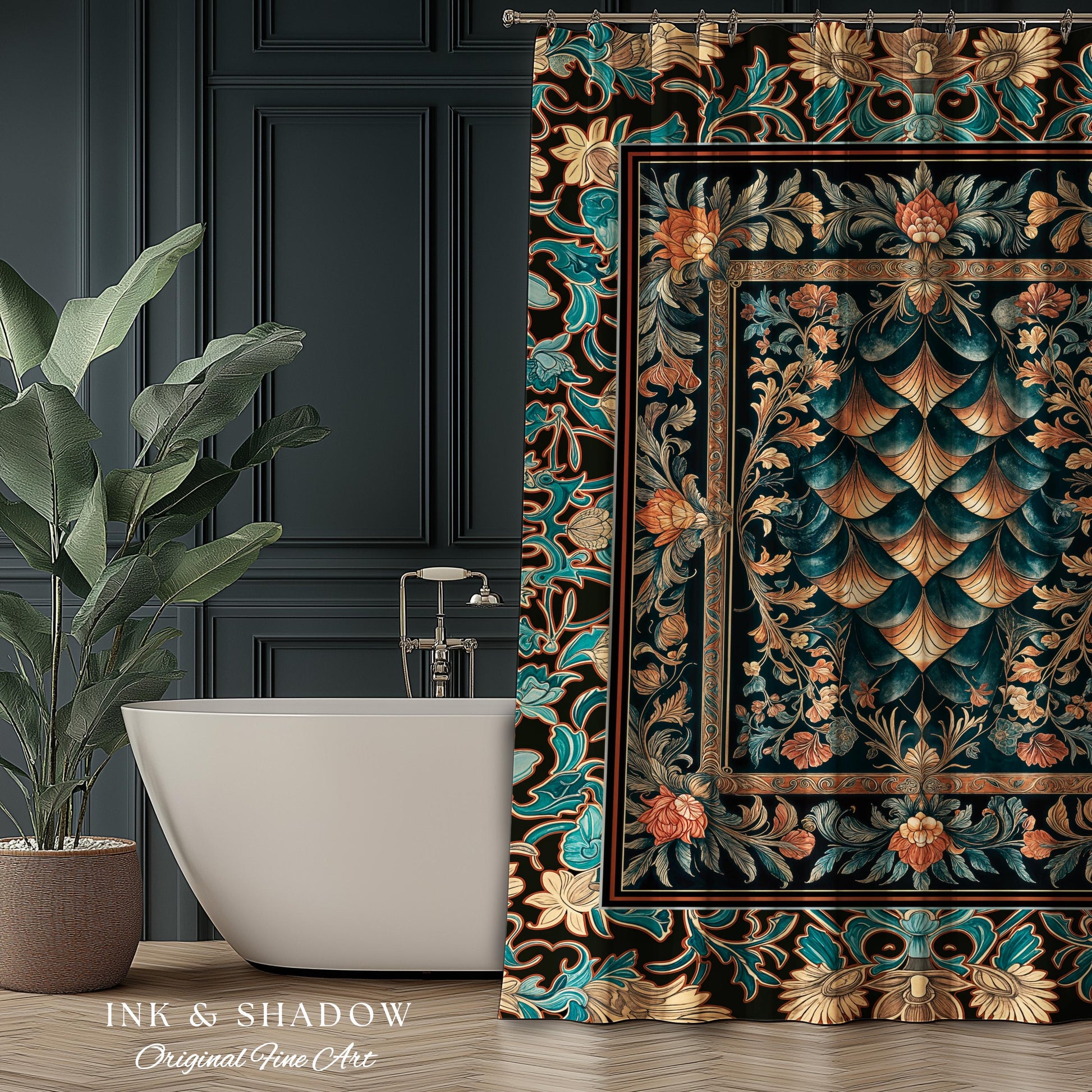Art Deco Ornate Shower Curtain | Dark Academia Baroque Floral Bathroom Maximalist Floral Eclectic Medieval Colorful Dragon Scales Design |