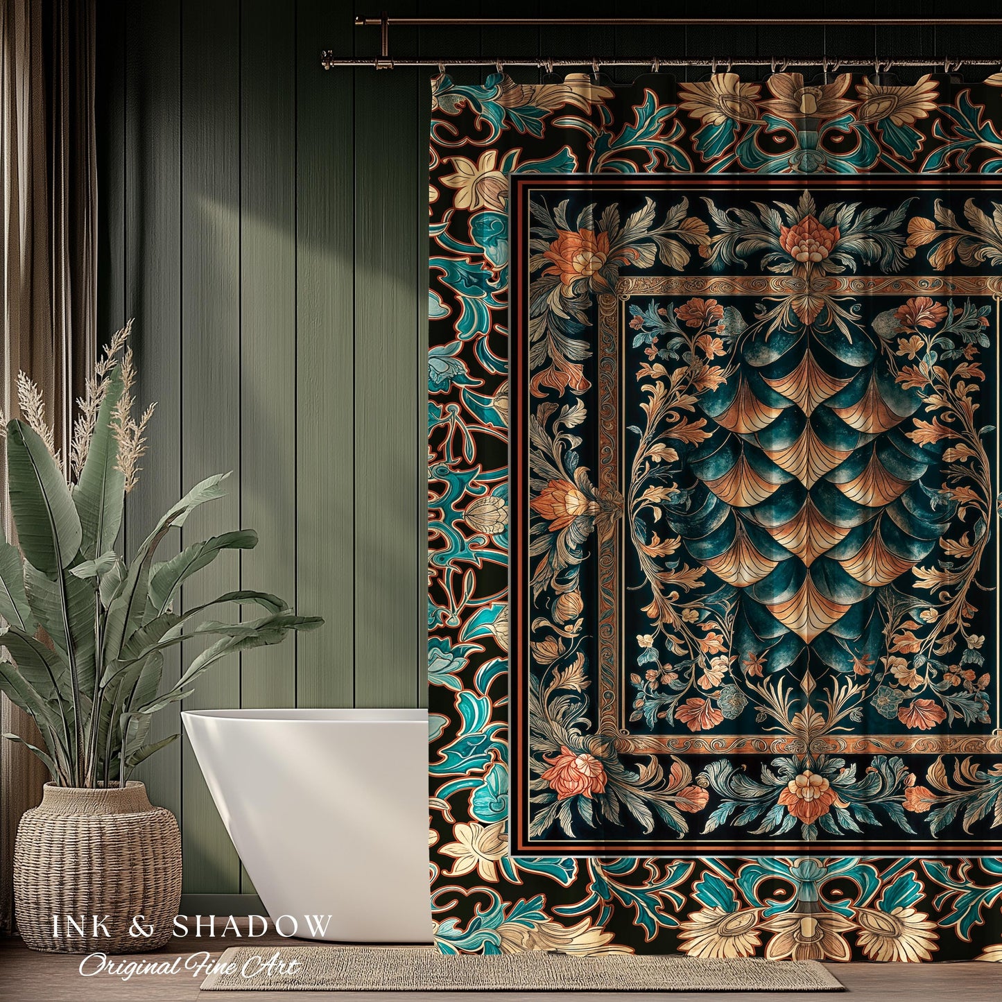Art Deco Ornate Shower Curtain | Dark Academia Baroque Floral Bathroom Maximalist Floral Eclectic Medieval Colorful Dragon Scales Design |
