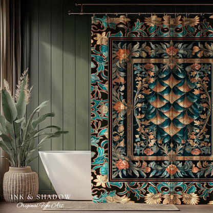 Art Deco Ornate Shower Curtain | Dark Academia Baroque Floral Bathroom Maximalist Floral Eclectic Medieval Colorful Dragon Scales Design |