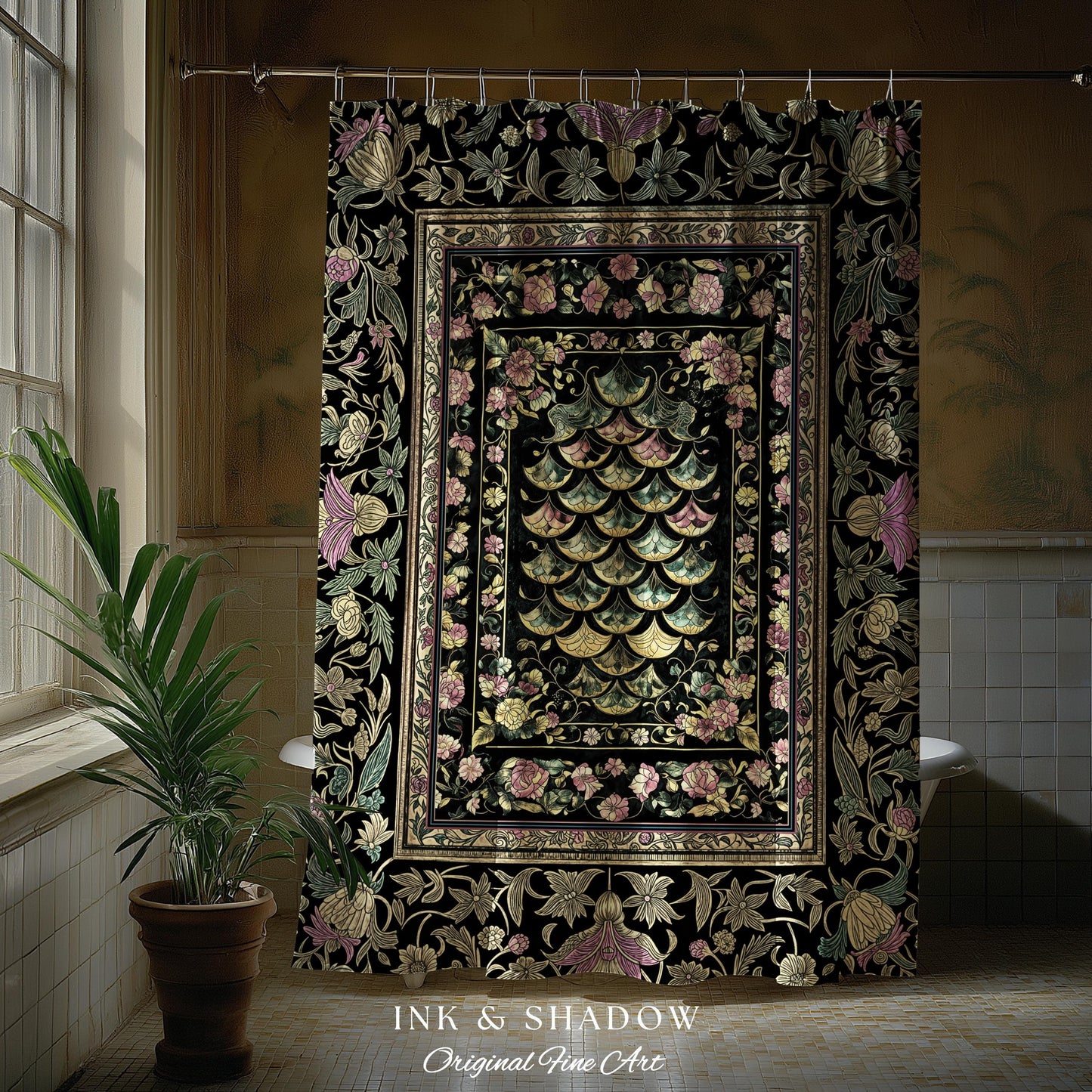 Witchy Mystic Dragon Scale Shower Curtain | Gothic Baroque Dark Academia Pastel Floral Bathroom Maximalist Ornate Eclectic Art Deco Decor |