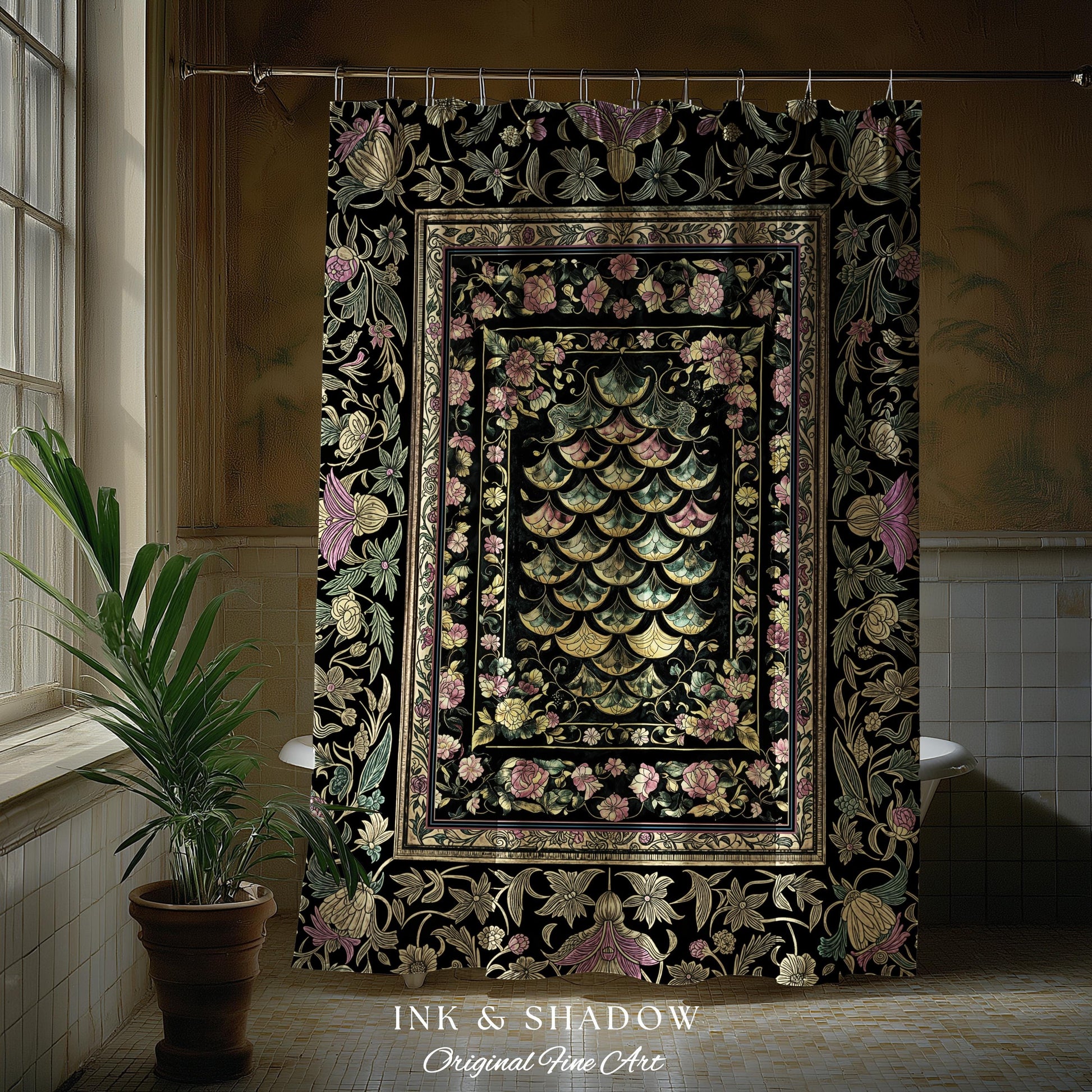 Witchy Mystic Dragon Scale Shower Curtain | Gothic Baroque Dark Academia Pastel Floral Bathroom Maximalist Ornate Eclectic Art Deco Decor |