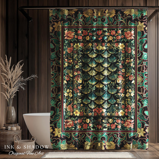 Maximalist Floral Eclectic Shower Curtain | Princesscore Royal Bathroom Ethereal Pastel Storybook Medieval Magic Victorian Dragon Scales Art
