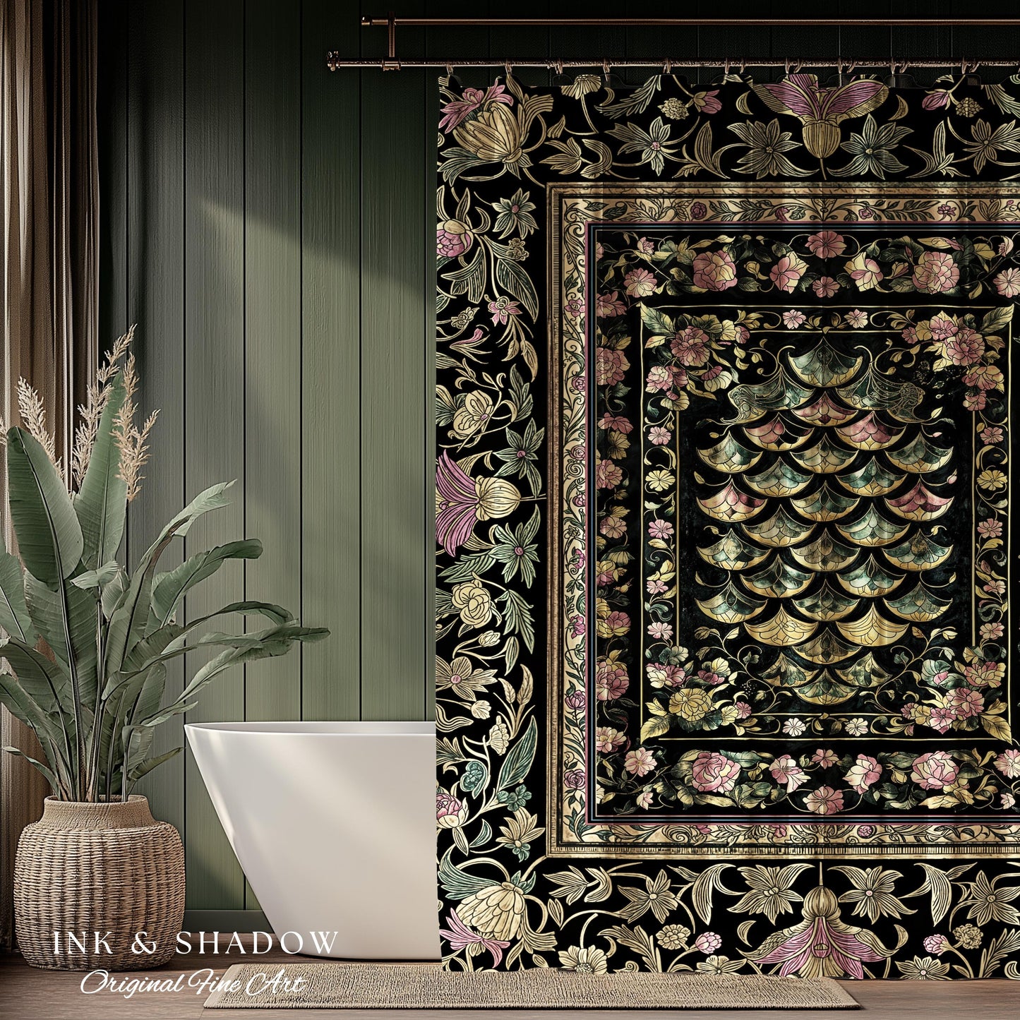 Witchy Mystic Dragon Scale Shower Curtain | Gothic Baroque Dark Academia Pastel Floral Bathroom Maximalist Ornate Eclectic Art Deco Decor |