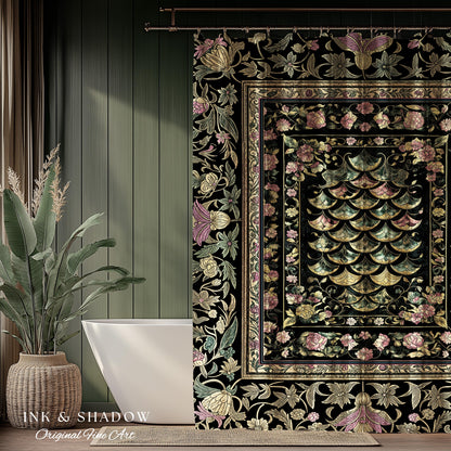 Witchy Mystic Dragon Scale Shower Curtain | Gothic Baroque Dark Academia Pastel Floral Bathroom Maximalist Ornate Eclectic Art Deco Decor |