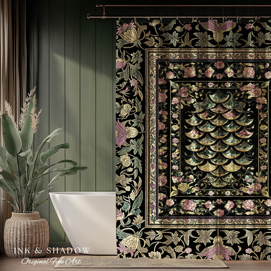 Witchy Mystic Dragon Scale Shower Curtain | Gothic Baroque Dark Academia Pastel Floral Bathroom Maximalist Ornate Eclectic Art Deco Decor |