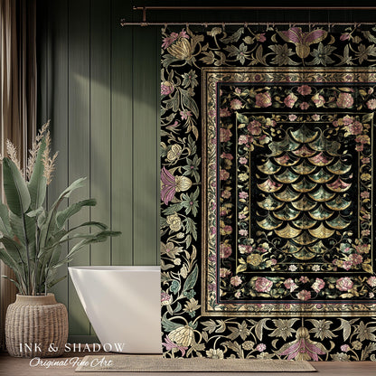 Witchy Mystic Dragon Scale Shower Curtain | Gothic Baroque Dark Academia Pastel Floral Bathroom Maximalist Ornate Eclectic Art Deco Decor |