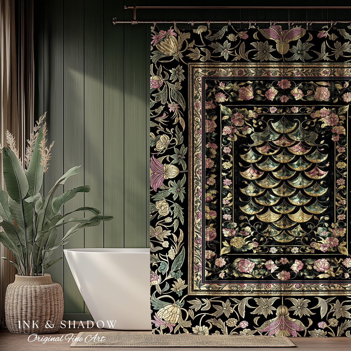Witchy Mystic Dragon Scale Shower Curtain | Gothic Baroque Dark Academia Pastel Floral Bathroom Maximalist Ornate Eclectic Art Deco Decor |